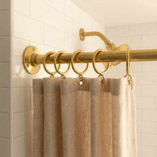 Unlacquered Brass Shower Rod: Wall Mount Bathroom Curtain Rail with Brass Rings for Walk-In image 1