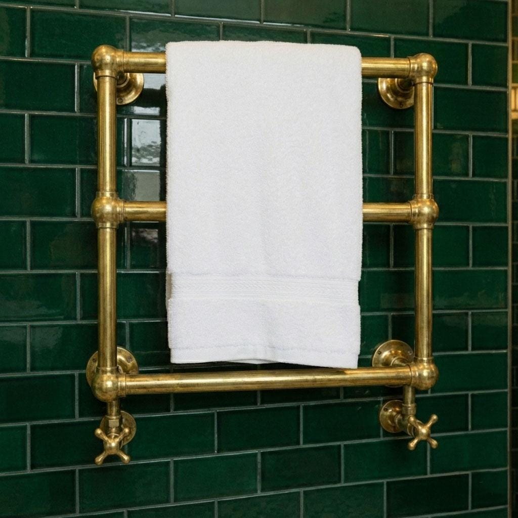 Handcrafted Unlacquered Solid Brass Wall-Mounted Towel Warmer Rail: Elegant Bathroom Patina
