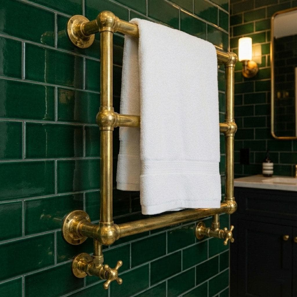 Handcrafted Unlacquered Solid Brass Wall-Mounted Towel Warmer Rail: Elegant Bathroom Patina